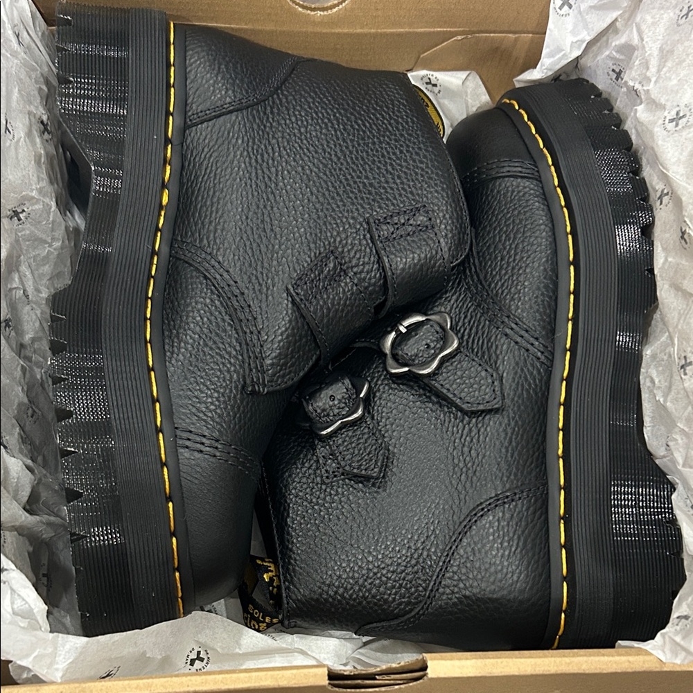 (Sold)Dr. Martens DEVON FLOWER BUCKLE MILLED NAPPA LEATHER PLATFORM BOOTS - Picture 9 of 9